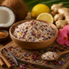 Bol de mélange exotique avec noix de coco râpée, épices colorées, citron et gingembre sur planche en bois.