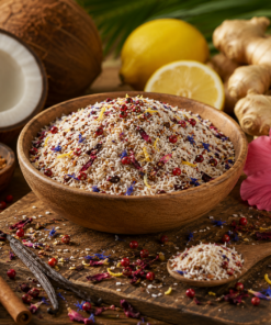 Bol de mélange exotique avec noix de coco râpée, épices colorées, citron et gingembre sur planche en bois.