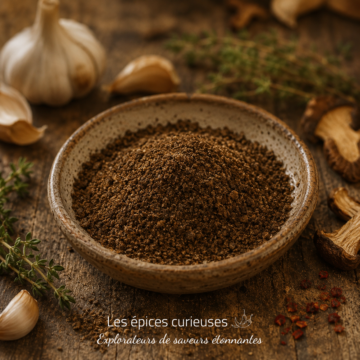 Assemblage Sous-Bois Poudre d'épices dans un bol en céramique avec ail, herbes, champignons séchés et piment rouge sur fond en bois rustique.