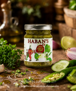 Pot de sauce piquante Haban's Pers & Vert entouré de légumes frais : persil, concombre, ail et citron vert.