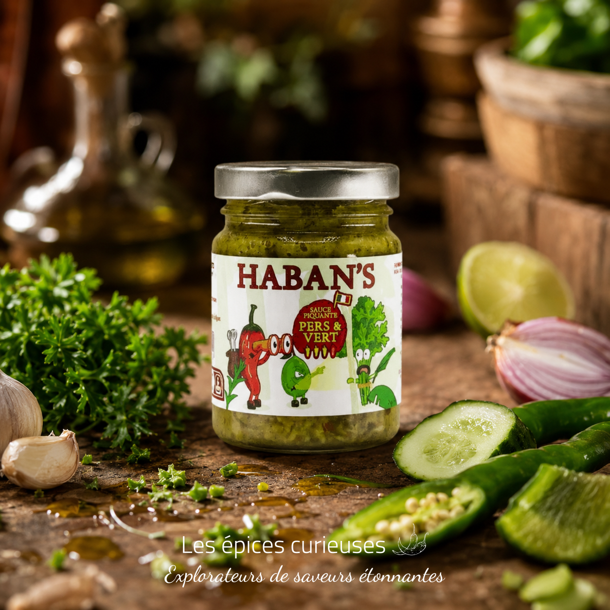 Haban’s – Sauce Pers&Vert – Pot de 90G Pot de sauce piquante Haban's Pers & Vert entouré de légumes frais : persil, concombre, ail et citron vert.