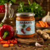 Sauce douce Haban's sur fond de légumes frais et épices, mettant en valeur des saveurs naturelles et authentiques.