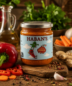 Sauce douce Haban's sur fond de légumes frais et épices, mettant en valeur des saveurs naturelles et authentiques.