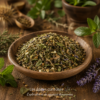 Assortiment d'herbes sèches et épices dans un bol en bois, avec des herbes fraîches en arrière-plan. Approche culinaire naturelle.