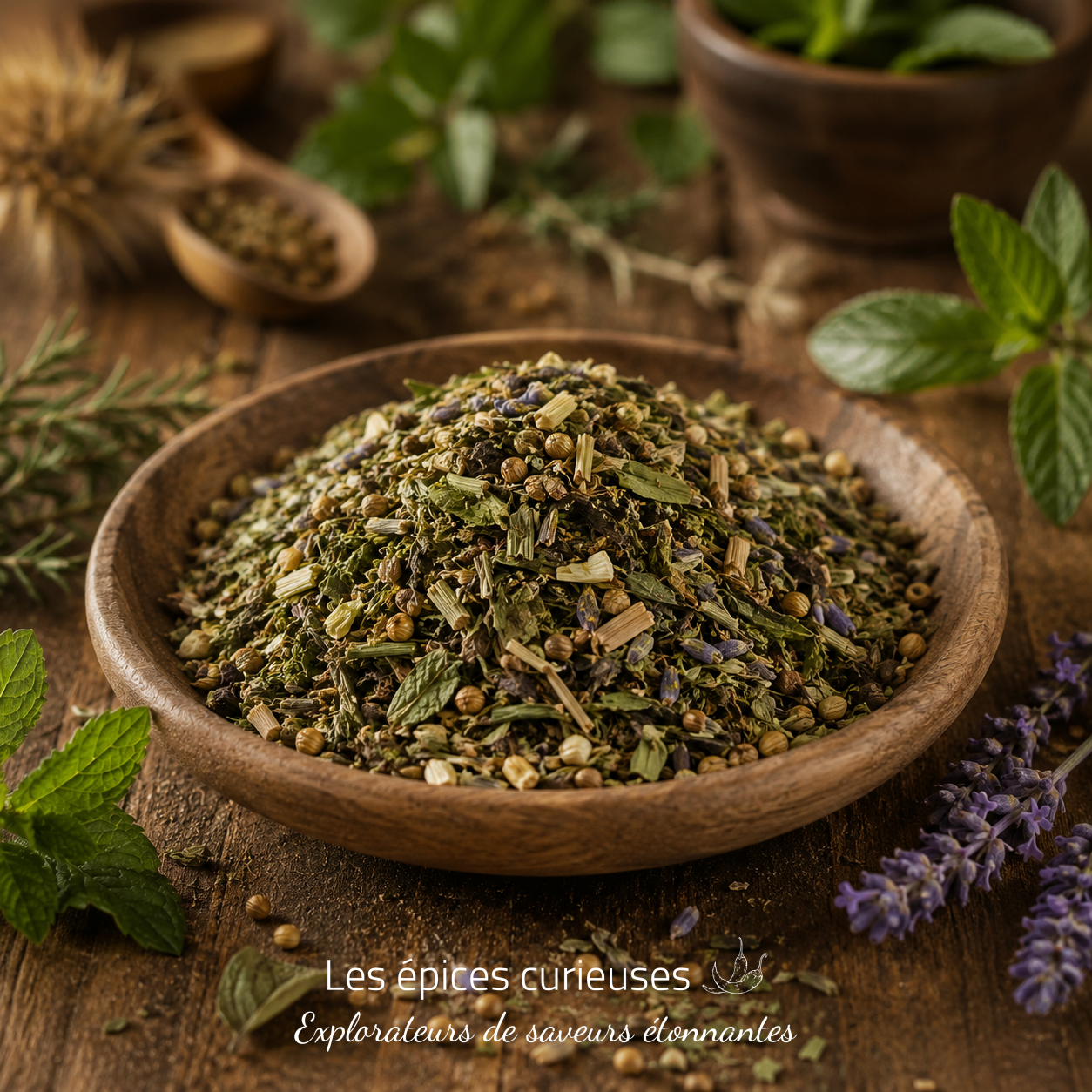 Tisane des Collines Sauvages Assortiment d'herbes sèches et épices dans un bol en bois, avec des herbes fraîches en arrière-plan. Approche culinaire naturelle.