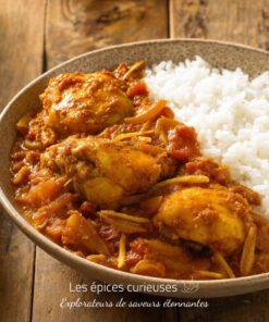Faites dorer des morceaux de poulet avec oignon et gingembre, ajoutez tomate et une cuillère de massalé, puis laissez mijoter doucement. Servez avec du riz blanc pour un plat généreux et parfumé.