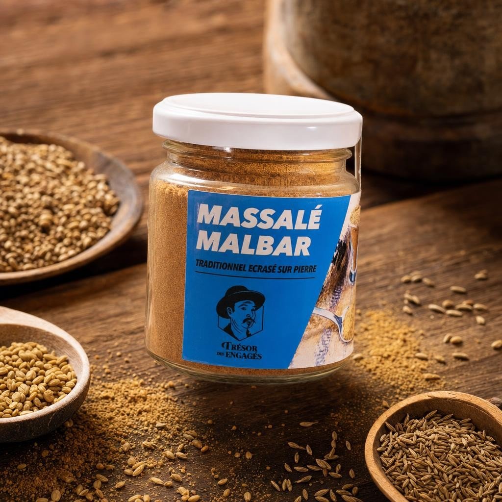 Massalé Malbar de La Réunion 105 G – Dluo 12/21 – visuel produit IA Massalé Malbar de La Réunion 105 G - Dluo 12/21 - visuel produit IA