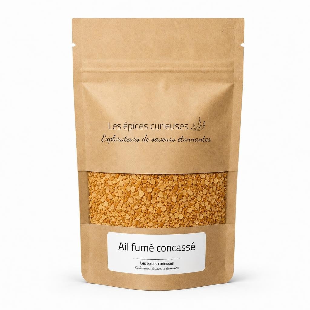 Ail fumé concassé – Packaging – Les Épices Curieuses Ail fumé concassé - Packaging - Les Épices Curieuses