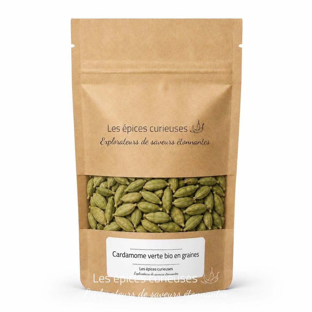 Cardamome verte bio en graines – Packaging – Les Épices Curieuses Cardamome verte bio en graines - Packaging - Les Épices Curieuses
