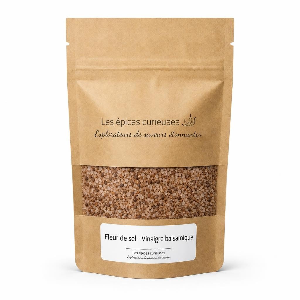 Fleur de sel – Vinaigre balsamique – Packaging – Les Épices Curieuses Fleur de sel - Vinaigre balsamique - Packaging - Les Épices Curieuses