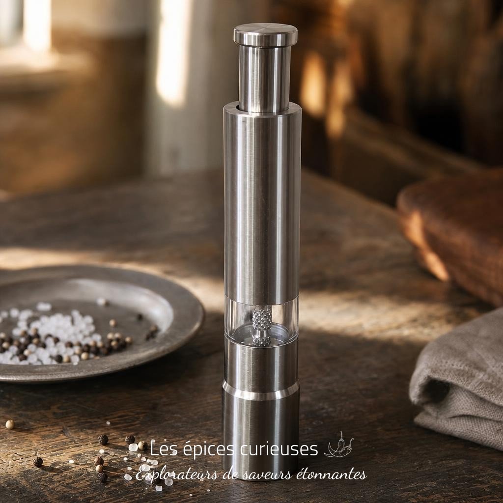 Moulin à sel et à poivre en acier affiné – utilisable d´une seule main – Les Épices Curieuses Moulin à sel et à poivre en acier affiné - utilisable d´une seule main - Les Épices Curieuses