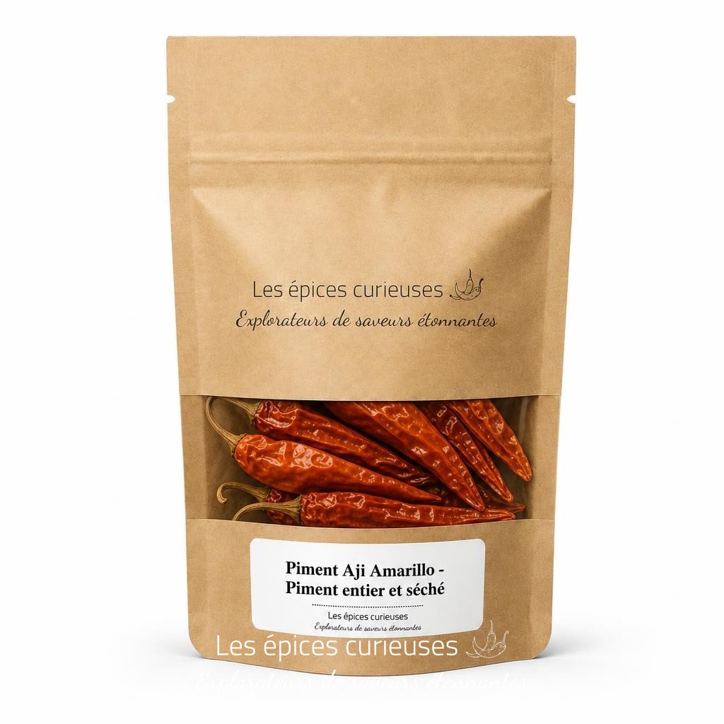 Piment Aji Amarillo – Piment entier et séché – Packaging – Les Épices Curieuses Piment Aji Amarillo - Piment entier et séché - Packaging - Les Épices Curieuses