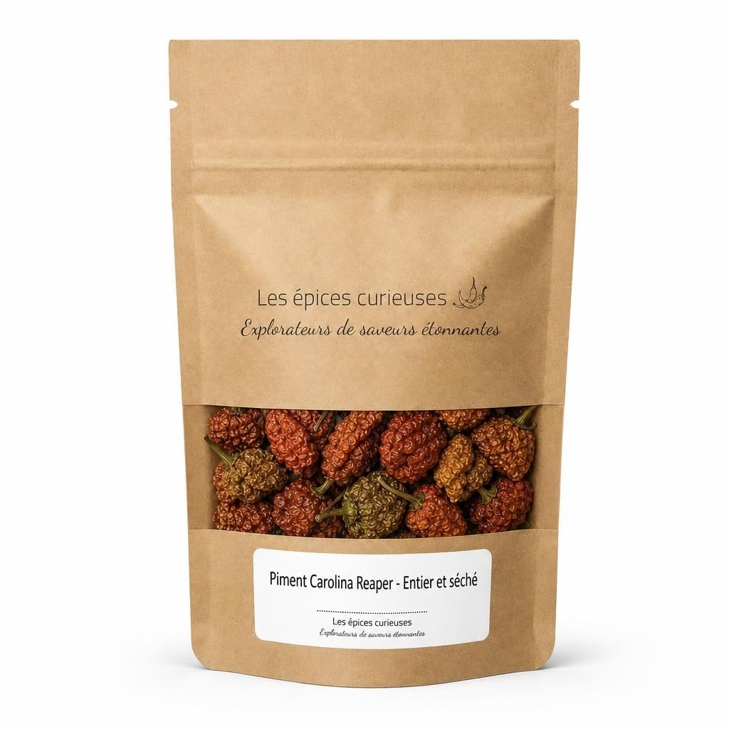 Piment Carolina Reaper – Entier et séché – Packaging – Les Épices Curieuses Piment Carolina Reaper - Entier et séché - Packaging - Les Épices Curieuses