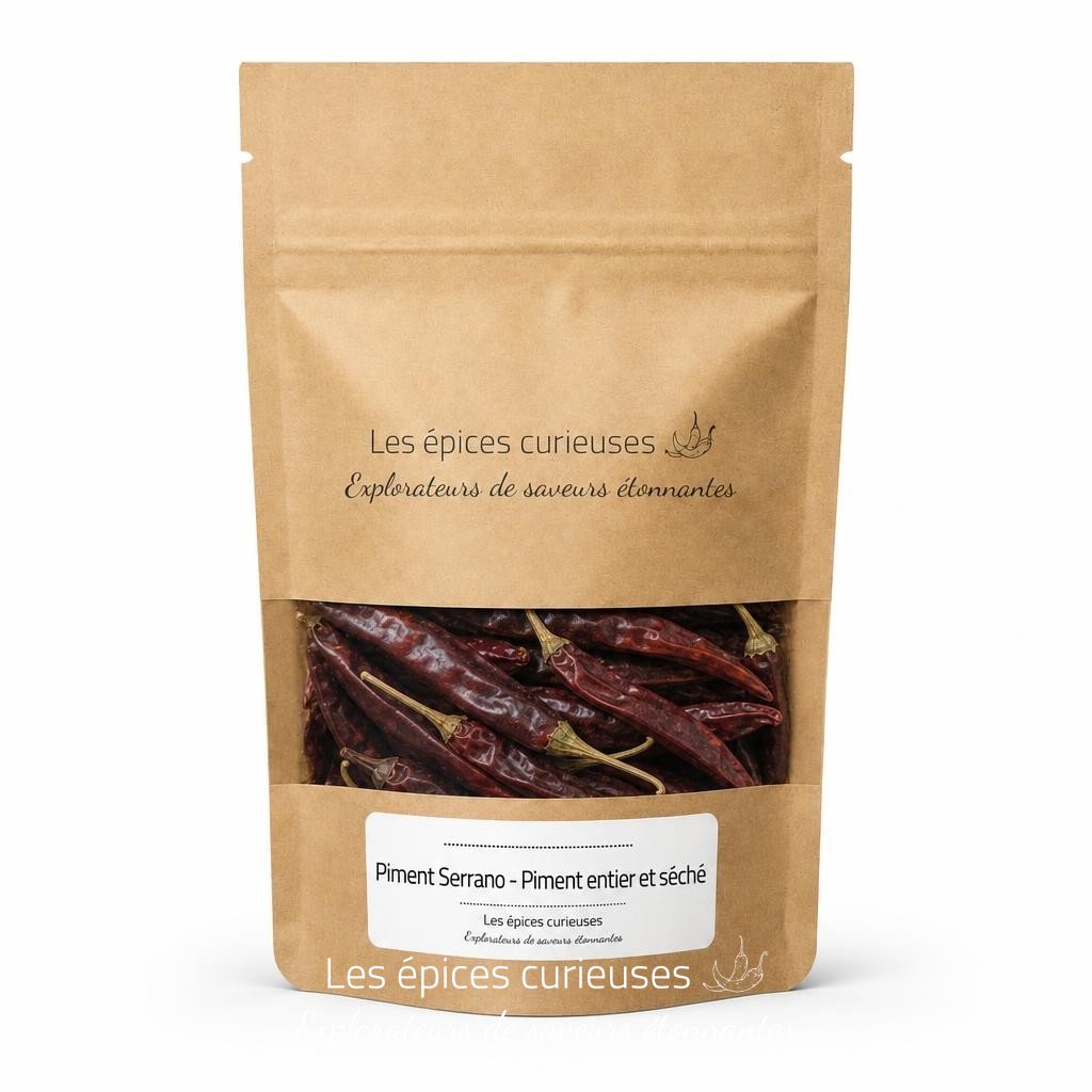 Piment Serrano – Piment entier et séché – Packaging – Les Épices Curieuses Piment Serrano - Piment entier et séché - Packaging - Les Épices Curieuses