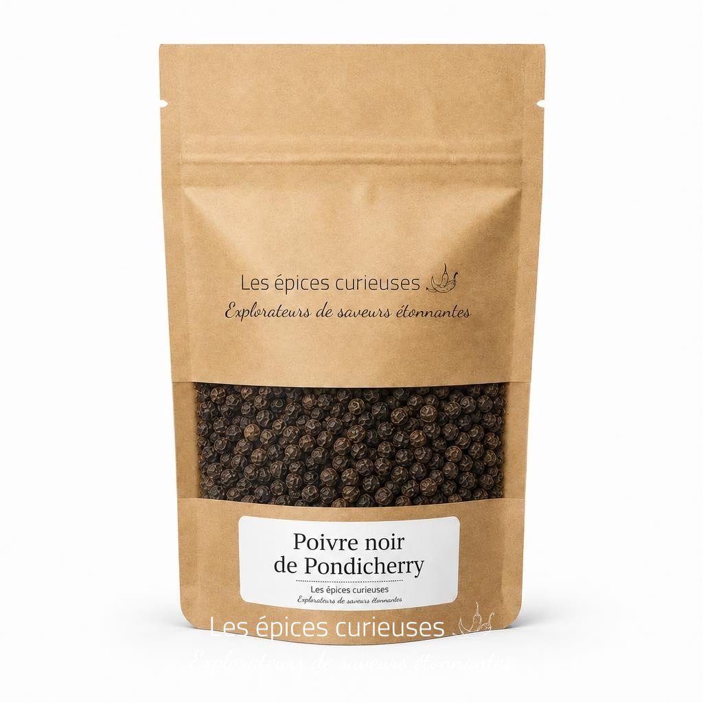 Poivre noir de Pondicherry – Packaging – Les Épices Curieuses Poivre noir de Pondicherry - Packaging - Les Épices Curieuses
