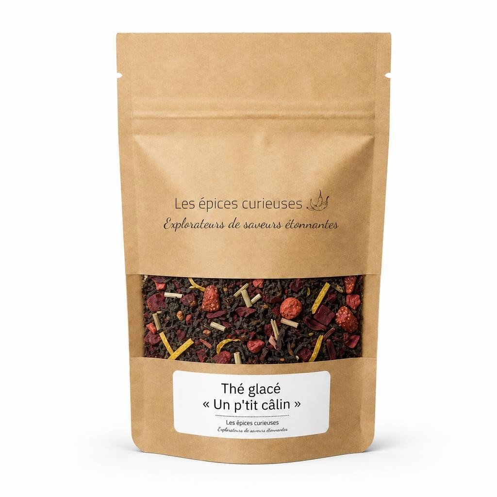 Thé glacé « Un p’tit câlin » – Packaging – Les Épices Curieuses Thé glacé "Un p'tit câlin " - Packaging - Les Épices Curieuses