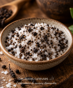 Bol de sel aromatisé aux épices noires sur table en bois, avec cuillère en bois et feuille verte. Parfait pour la cuisine gourmande.