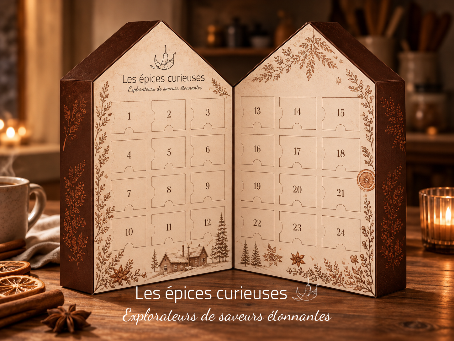 Calendrier de l’Avent aux épices curieuses Calendrier de l'Avent épicé Les Épices Curieuses sur une table en bois, ambiance chaleureuse de Noël.